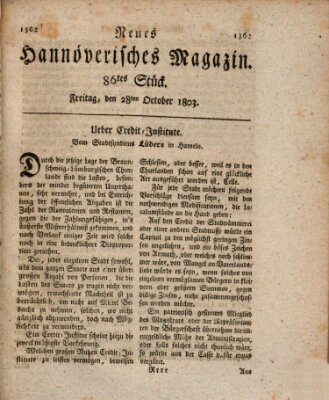 Neues hannoversches Magazin (Hannoversche Anzeigen) Freitag 28. Oktober 1803