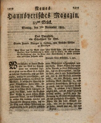 Neues hannoversches Magazin (Hannoversche Anzeigen) Montag 7. November 1803