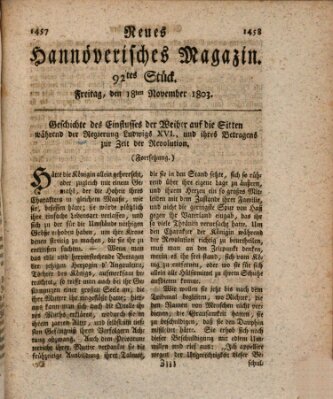 Neues hannoversches Magazin (Hannoversche Anzeigen) Freitag 18. November 1803