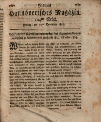 Neues hannoversches Magazin (Hannoversche Anzeigen) Freitag 30. Dezember 1803