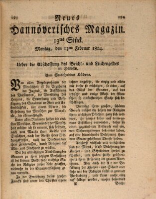 Neues hannoversches Magazin (Hannoversche Anzeigen) Montag 13. Februar 1804