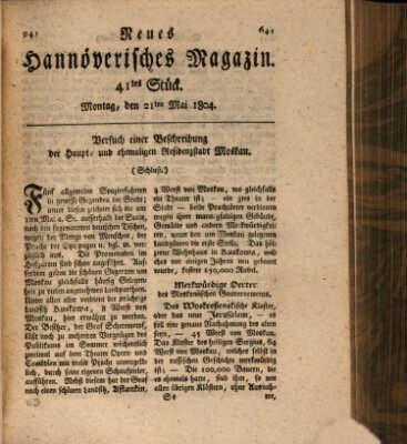 Neues hannoversches Magazin (Hannoversche Anzeigen) Montag 21. Mai 1804