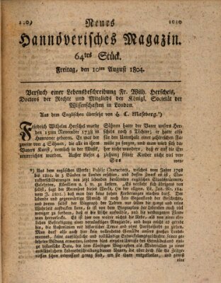 Neues hannoversches Magazin (Hannoversche Anzeigen) Freitag 10. August 1804