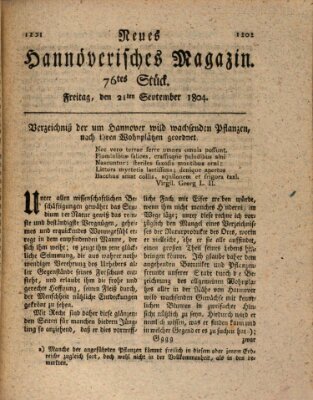 Neues hannoversches Magazin (Hannoversche Anzeigen) Freitag 21. September 1804