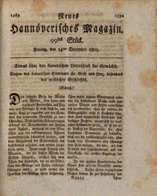 Neues hannoversches Magazin (Hannoversche Anzeigen) Freitag 13. Dezember 1805