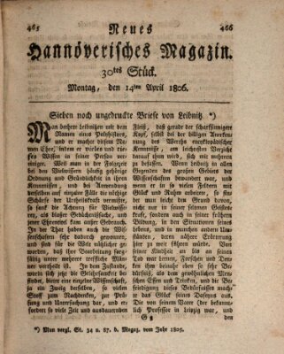 Neues hannoversches Magazin (Hannoversche Anzeigen) Montag 14. April 1806