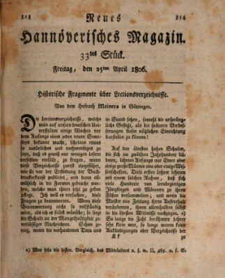 Neues hannoversches Magazin (Hannoversche Anzeigen) Freitag 25. April 1806