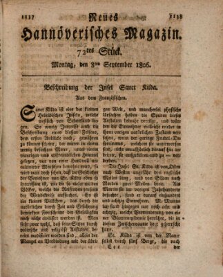 Neues hannoversches Magazin (Hannoversche Anzeigen) Montag 8. September 1806