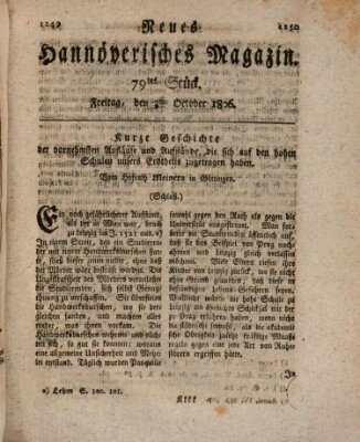 Neues hannoversches Magazin (Hannoversche Anzeigen) Freitag 3. Oktober 1806