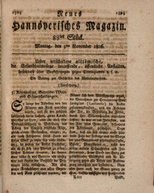 Neues hannoversches Magazin (Hannoversche Anzeigen) Montag 3. November 1806