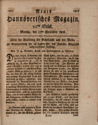 Neues hannoversches Magazin (Hannoversche Anzeigen) Montag 17. November 1806