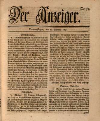 Der Anzeiger (Allgemeiner Anzeiger der Deutschen) Donnerstag 10. Februar 1791