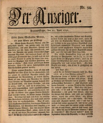 Der Anzeiger (Allgemeiner Anzeiger der Deutschen) Donnerstag 21. April 1791