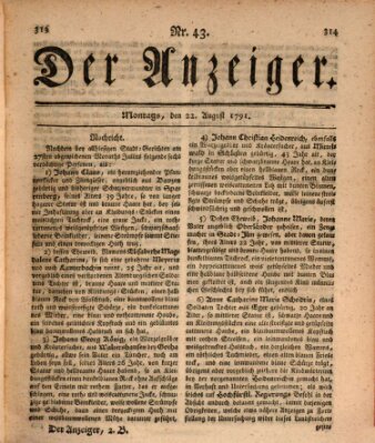 Der Anzeiger (Allgemeiner Anzeiger der Deutschen) Montag 22. August 1791