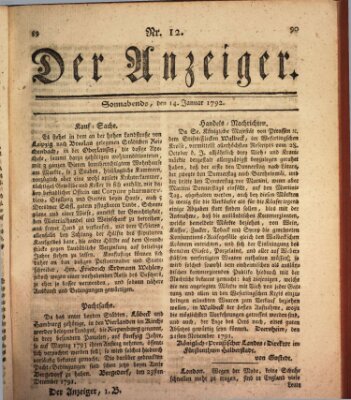 Der Anzeiger (Allgemeiner Anzeiger der Deutschen) Samstag 14. Januar 1792