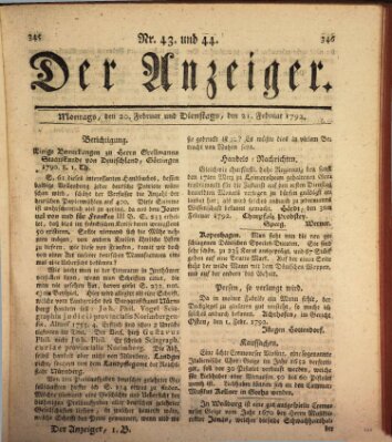 Der Anzeiger (Allgemeiner Anzeiger der Deutschen) Montag 20. Februar 1792