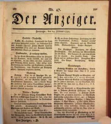 Der Anzeiger (Allgemeiner Anzeiger der Deutschen) Freitag 24. Februar 1792