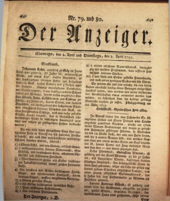 Der Anzeiger (Allgemeiner Anzeiger der Deutschen) Dienstag 3. April 1792