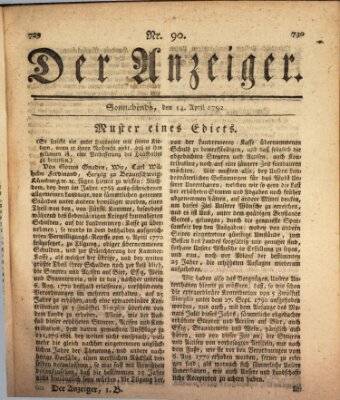 Der Anzeiger (Allgemeiner Anzeiger der Deutschen) Samstag 14. April 1792