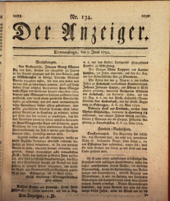 Der Anzeiger (Allgemeiner Anzeiger der Deutschen) Donnerstag 7. Juni 1792