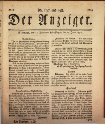 Der Anzeiger (Allgemeiner Anzeiger der Deutschen) Montag 11. Juni 1792