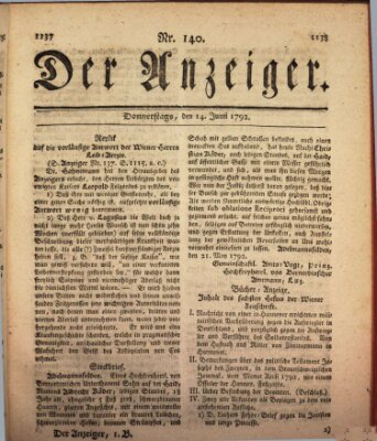 Der Anzeiger (Allgemeiner Anzeiger der Deutschen) Donnerstag 14. Juni 1792