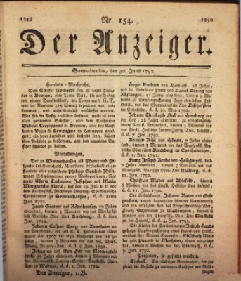 Der Anzeiger (Allgemeiner Anzeiger der Deutschen) Samstag 30. Juni 1792