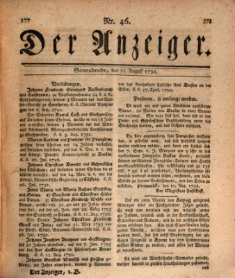 Der Anzeiger (Allgemeiner Anzeiger der Deutschen) Samstag 25. August 1792