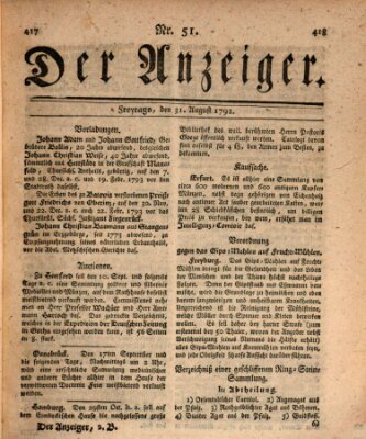 Der Anzeiger (Allgemeiner Anzeiger der Deutschen) Freitag 31. August 1792