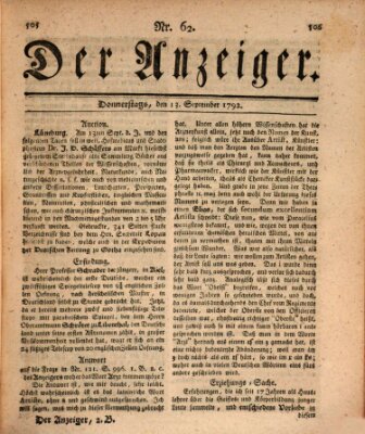 Der Anzeiger (Allgemeiner Anzeiger der Deutschen) Donnerstag 13. September 1792