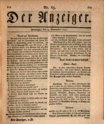 Der Anzeiger (Allgemeiner Anzeiger der Deutschen) Freitag 14. September 1792