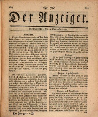 Der Anzeiger (Allgemeiner Anzeiger der Deutschen) Samstag 29. September 1792