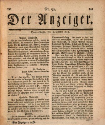 Der Anzeiger (Allgemeiner Anzeiger der Deutschen) Donnerstag 18. Oktober 1792