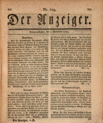 Der Anzeiger (Allgemeiner Anzeiger der Deutschen) Donnerstag 1. November 1792