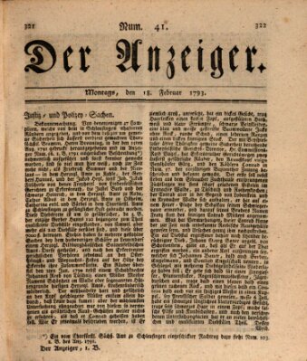 Der Anzeiger (Allgemeiner Anzeiger der Deutschen) Montag 18. Februar 1793