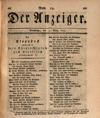 Der Anzeiger (Allgemeiner Anzeiger der Deutschen) Dienstag 5. März 1793