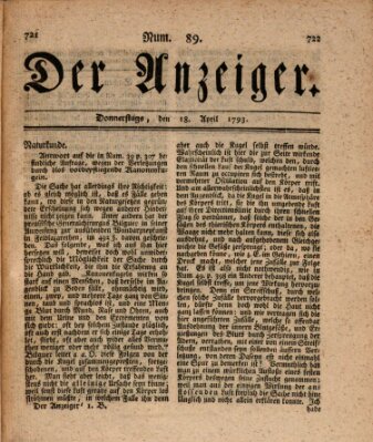 Der Anzeiger (Allgemeiner Anzeiger der Deutschen) Donnerstag 18. April 1793