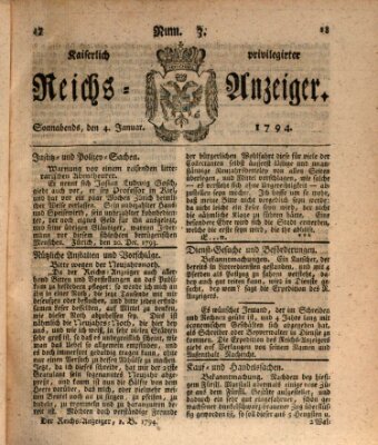 Kaiserlich privilegirter Reichs-Anzeiger (Allgemeiner Anzeiger der Deutschen) Samstag 4. Januar 1794