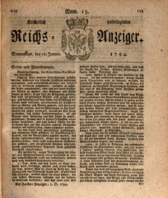 Kaiserlich privilegirter Reichs-Anzeiger (Allgemeiner Anzeiger der Deutschen) Donnerstag 16. Januar 1794