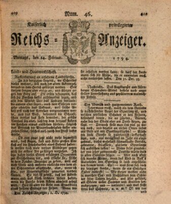 Kaiserlich privilegirter Reichs-Anzeiger (Allgemeiner Anzeiger der Deutschen) Montag 24. Februar 1794