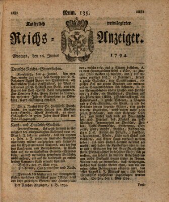 Kaiserlich privilegirter Reichs-Anzeiger (Allgemeiner Anzeiger der Deutschen) Montag 16. Juni 1794