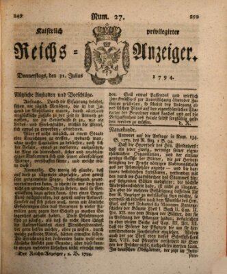 Kaiserlich privilegirter Reichs-Anzeiger (Allgemeiner Anzeiger der Deutschen) Donnerstag 31. Juli 1794