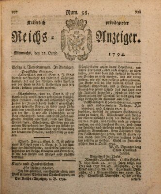 Kaiserlich privilegirter Reichs-Anzeiger (Allgemeiner Anzeiger der Deutschen) Mittwoch 22. Oktober 1794