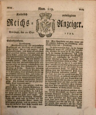 Kaiserlich privilegirter Reichs-Anzeiger (Allgemeiner Anzeiger der Deutschen) Dienstag 22. September 1795