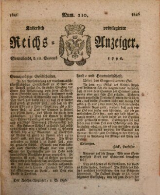 Kaiserlich privilegirter Reichs-Anzeiger (Allgemeiner Anzeiger der Deutschen) Samstag 10. September 1796