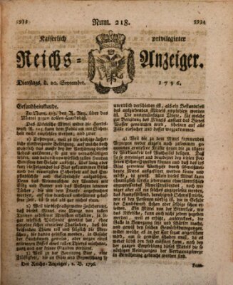 Kaiserlich privilegirter Reichs-Anzeiger (Allgemeiner Anzeiger der Deutschen) Dienstag 20. September 1796