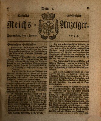 Kaiserlich privilegirter Reichs-Anzeiger (Allgemeiner Anzeiger der Deutschen) Donnerstag 4. Januar 1798