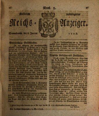 Kaiserlich privilegirter Reichs-Anzeiger (Allgemeiner Anzeiger der Deutschen) Samstag 6. Januar 1798