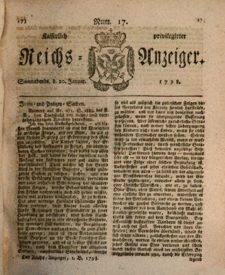 Kaiserlich privilegirter Reichs-Anzeiger (Allgemeiner Anzeiger der Deutschen) Samstag 20. Januar 1798