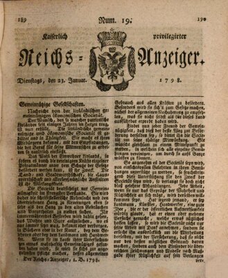 Kaiserlich privilegirter Reichs-Anzeiger (Allgemeiner Anzeiger der Deutschen) Dienstag 23. Januar 1798